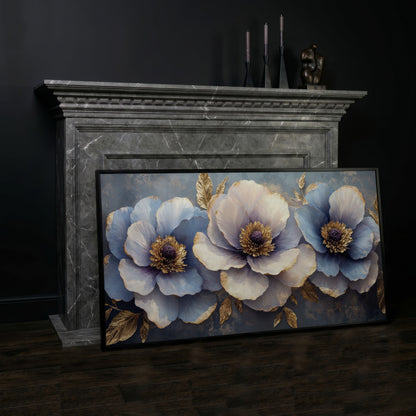 Blue and Purple Lush Flowers Canvas in black floating frame