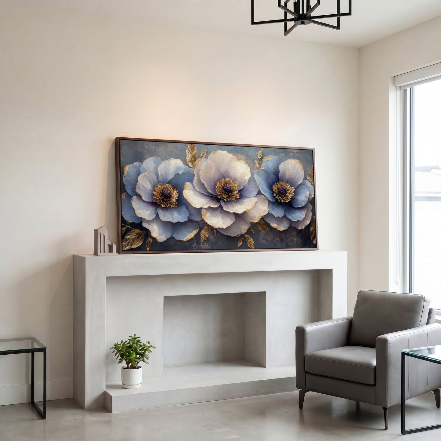 Blue and Purple Lush Flowers Canvas in dark walnut floating frame