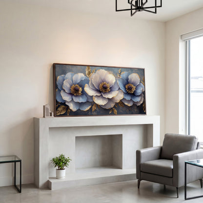 Blue and Purple Lush Flowers Canvas in dark walnut floating frame