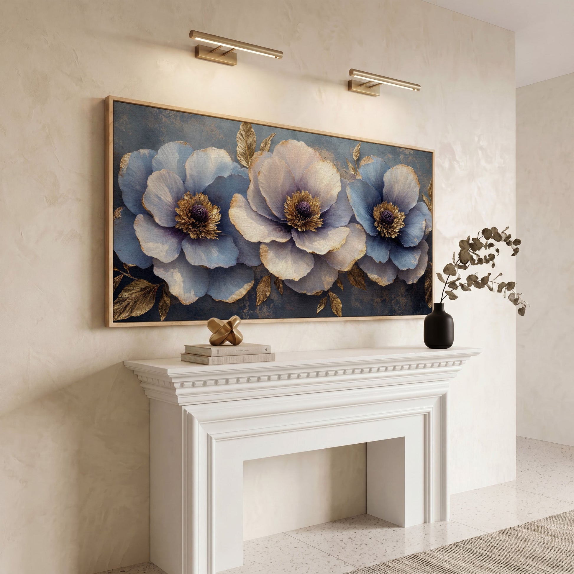 Blue and Purple Lush Flowers Canvas in white oak floating frame