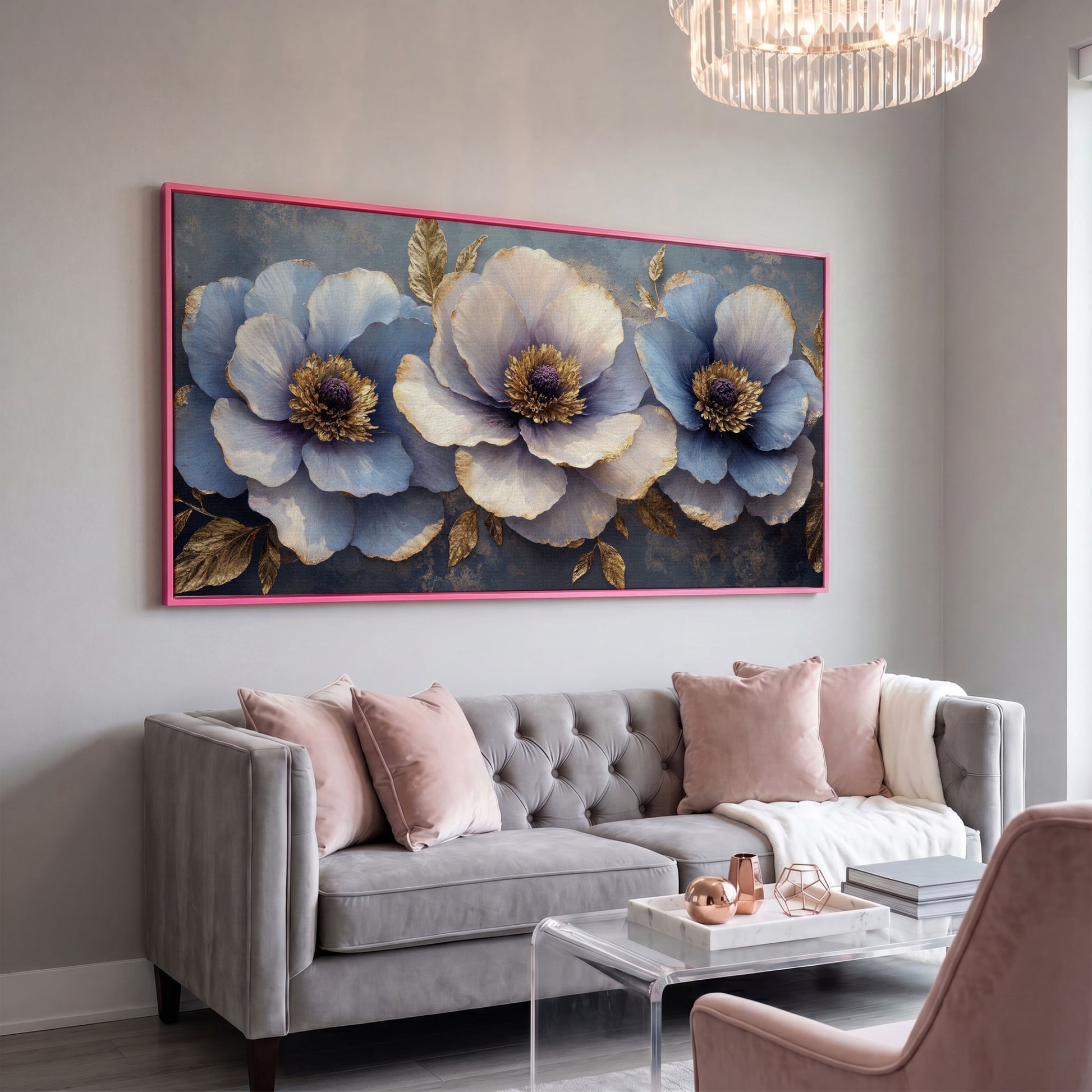 Blue and Purple Lush Flowers Canvas in pink floating frame