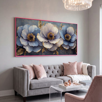 Blue and Purple Lush Flowers Canvas in pink floating frame