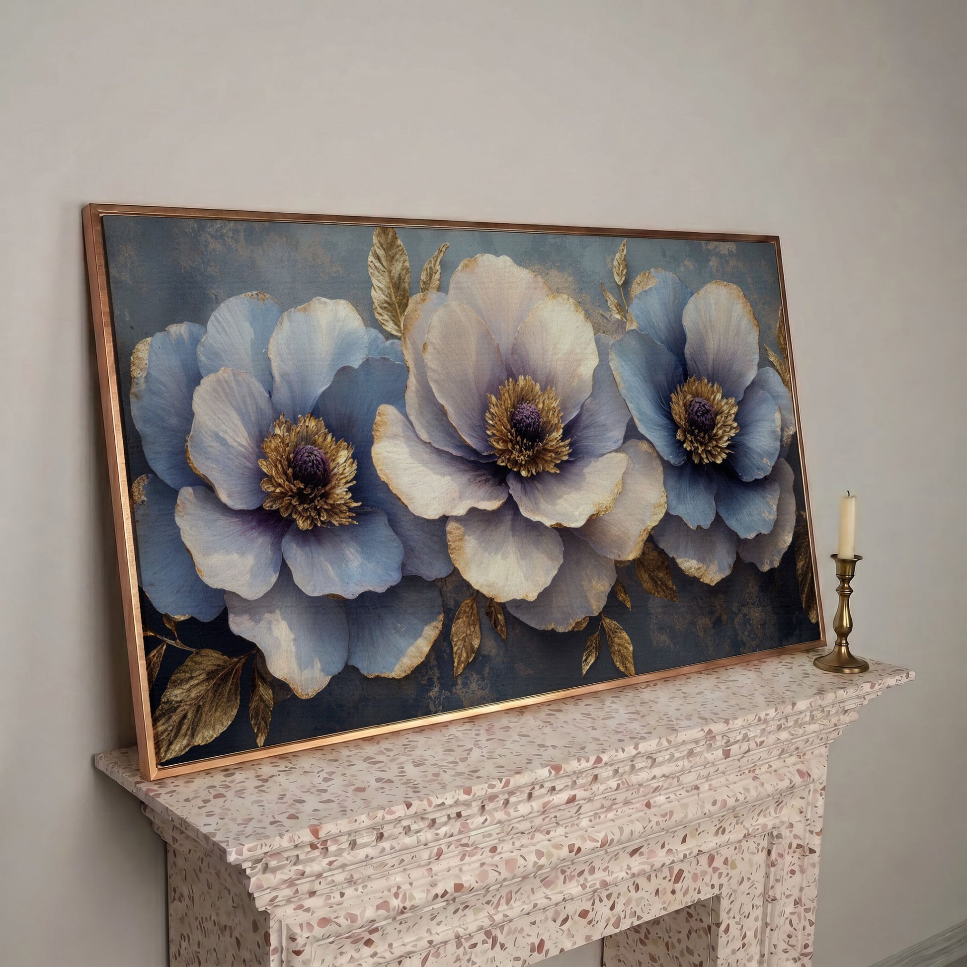 Blue and Purple Lush Flowers Canvas in rose gold floating frame