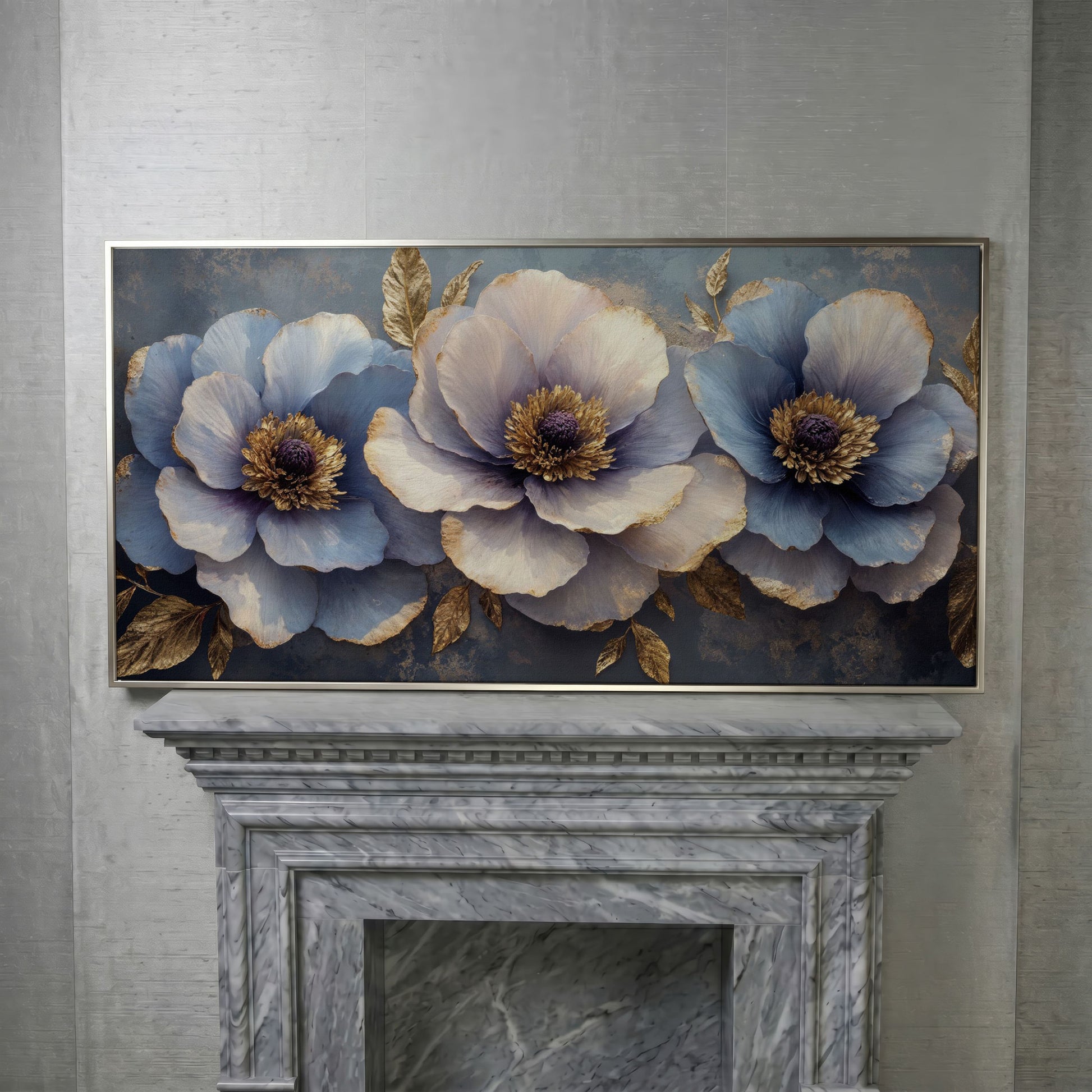 Blue and Purple Lush Flowers Canvas in silver floating frame