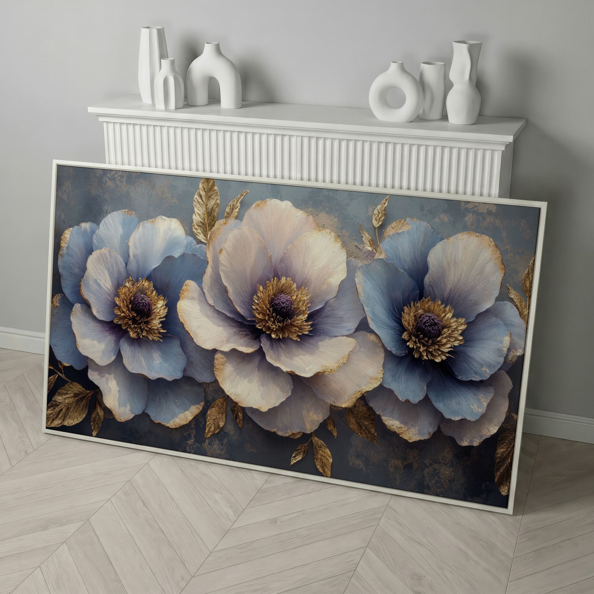 Blue and Purple Lush Flowers Canvas in white floating frame