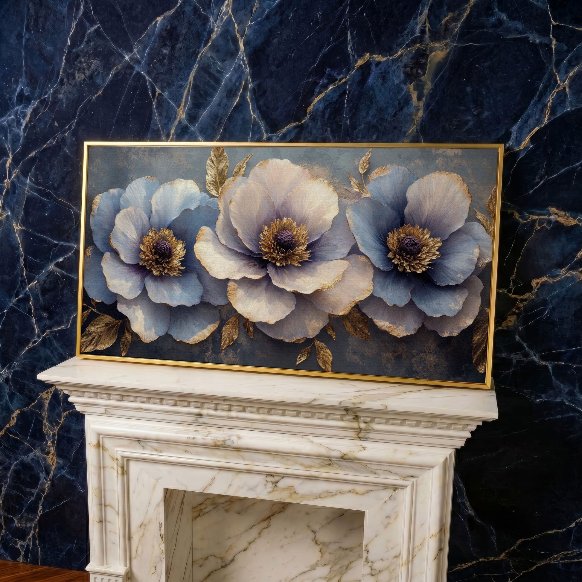 Blue and Purple Lush Flowers Canvas in yellow gold floating frame