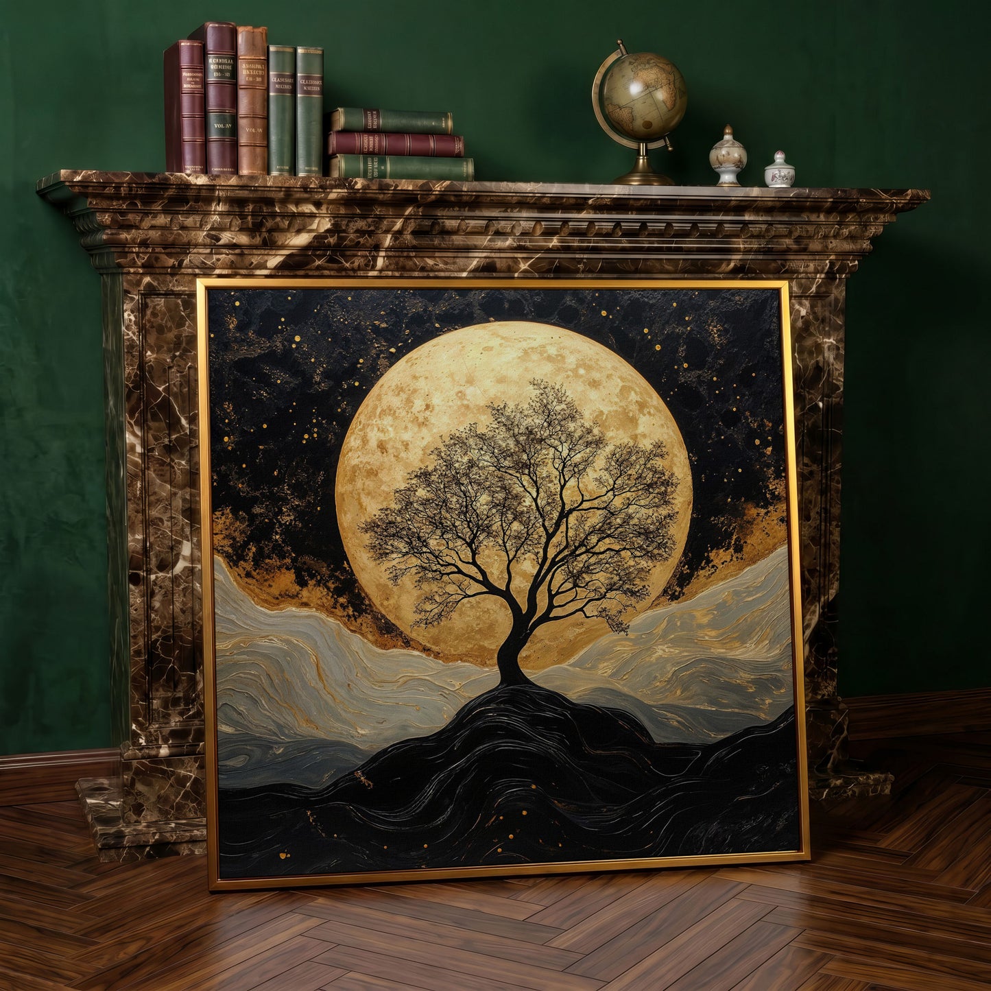 Black Tree Under Full Moon Canvas in antique gold floating frame