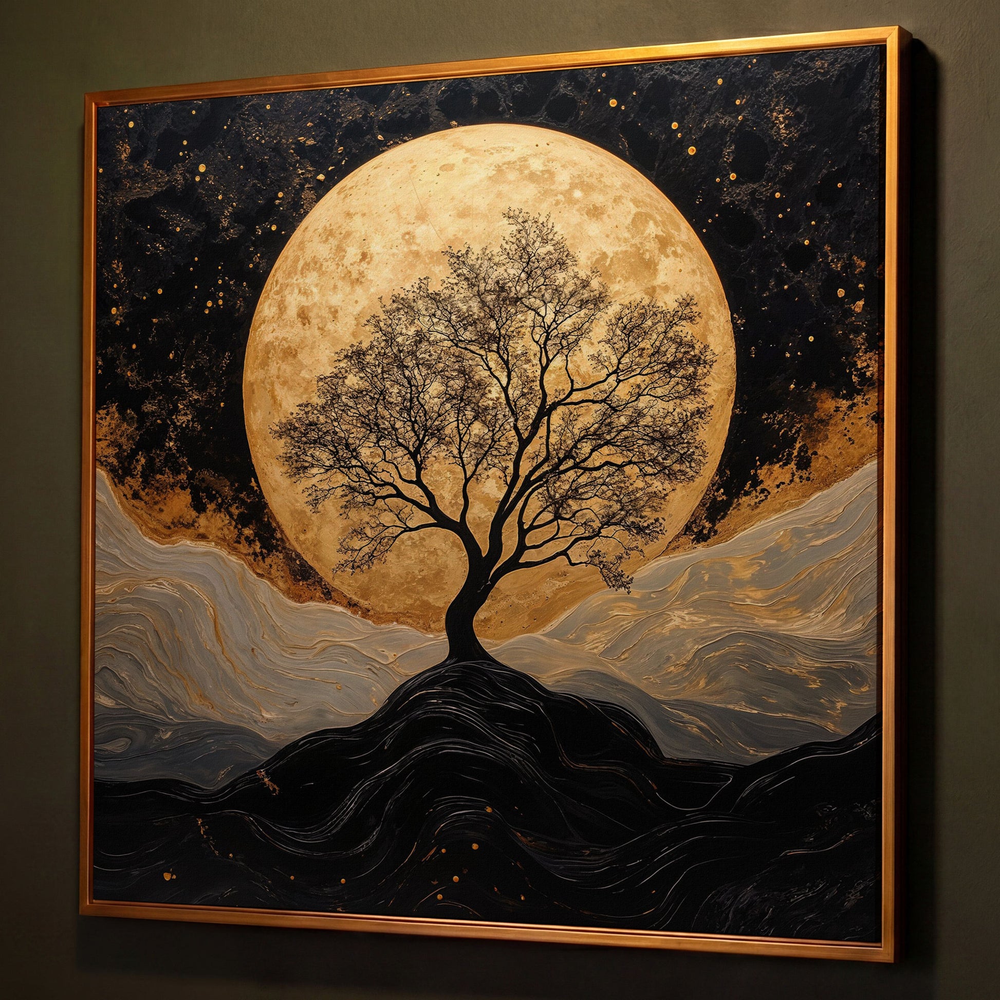 Black Tree Under Full Moon Canvas shown in antique gold floating frame