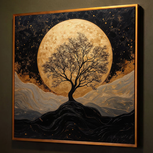 Black Tree Under Full Moon Canvas shown in antique gold floating frame