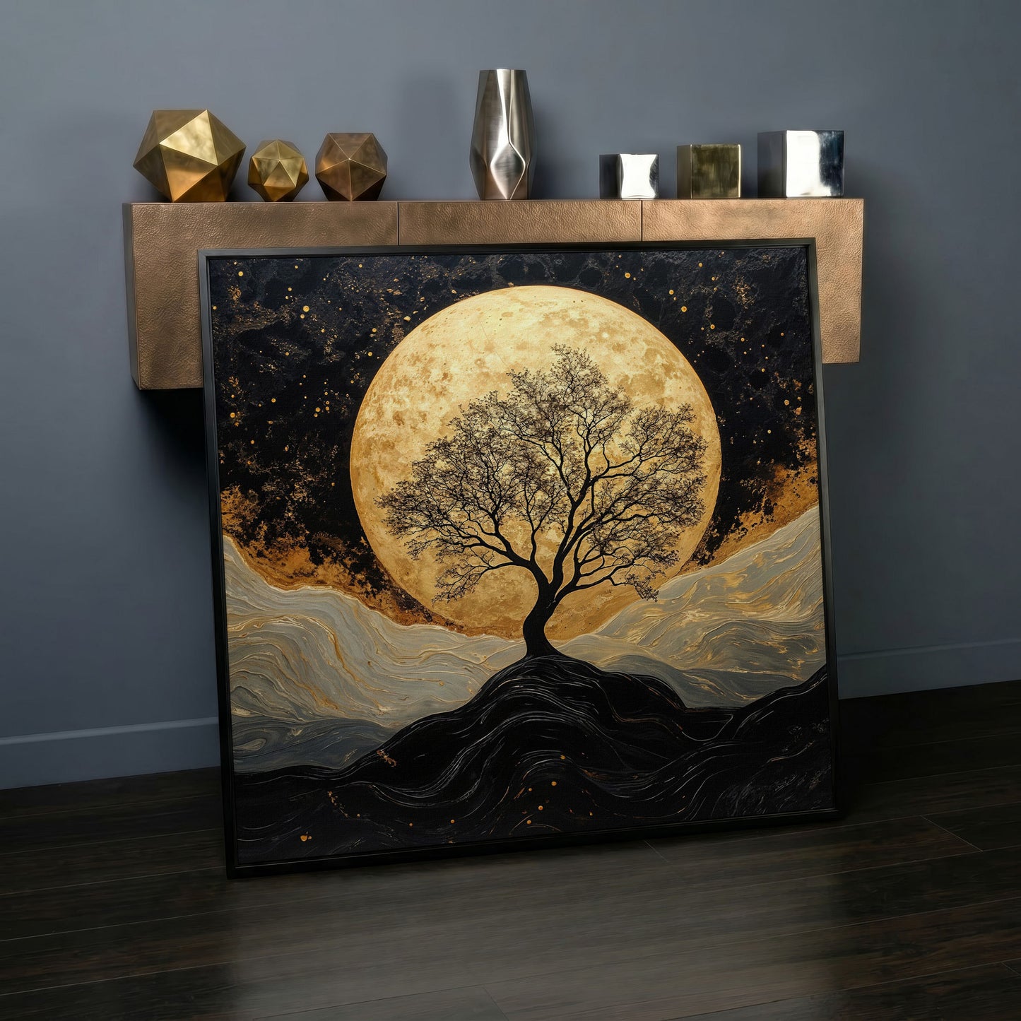 Black Tree Under Full Moon Canvas in black floating frame