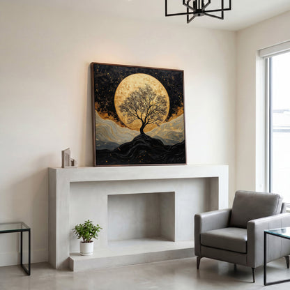 Black Tree Under Full Moon Canvas in dark walnut floating frame