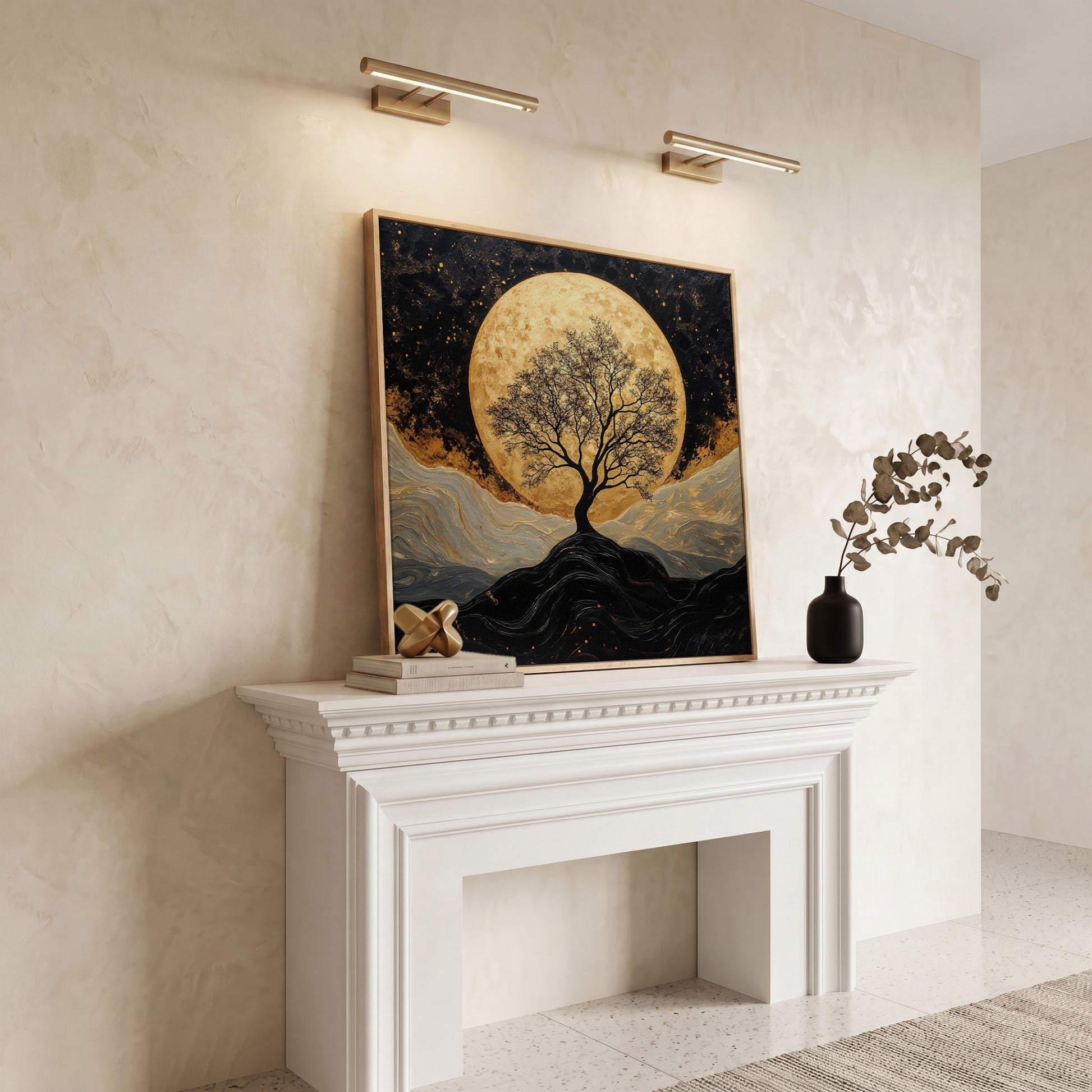 Black Tree Under Full Moon Canvas in white oak floating frame