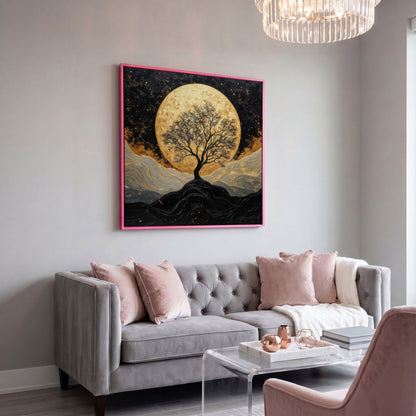 Black Tree Under Full Moon Canvas in pink floating frame