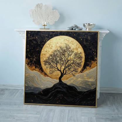 Black Tree Under Full Moon Canvas in rose gold floating frame