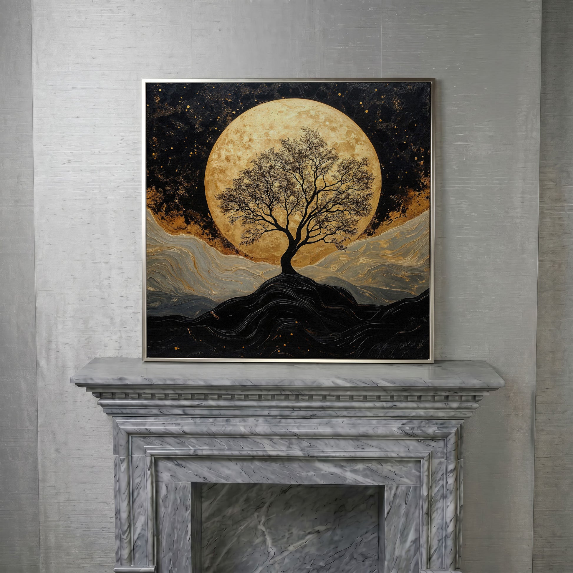 Black Tree Under Full Moon Canvas in silver floating frame