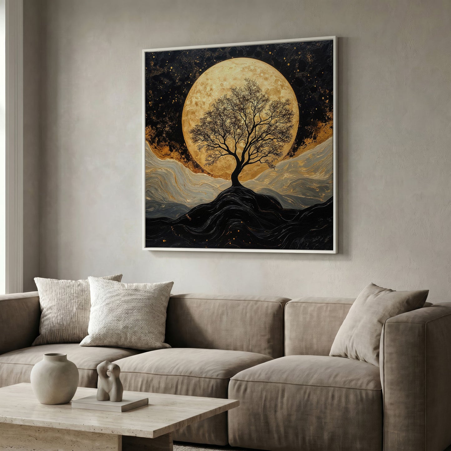 Black Tree Under Full Moon Canvas in white floating frame