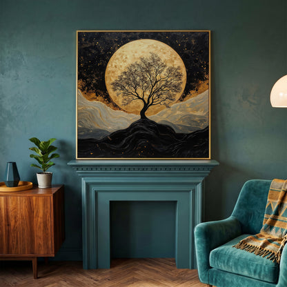 Black Tree Under Full Moon Canvas in yellow gold floating frame