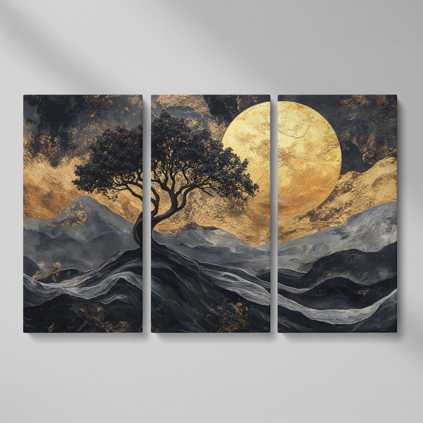 Black Tree Gold Moon Canvas Print as 3-panel split version