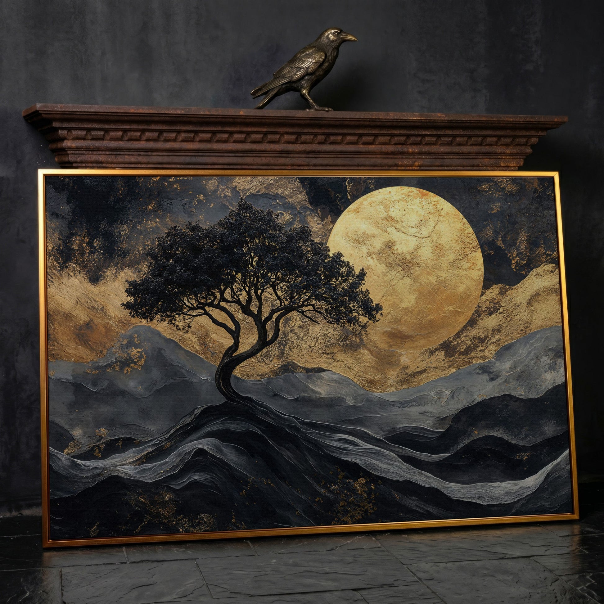 Black Tree Gold Moon Canvas Print in antique gold floating frame