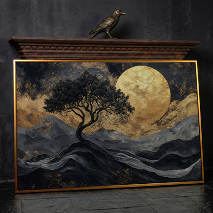 Black Tree Gold Moon Canvas Print in antique gold floating frame
