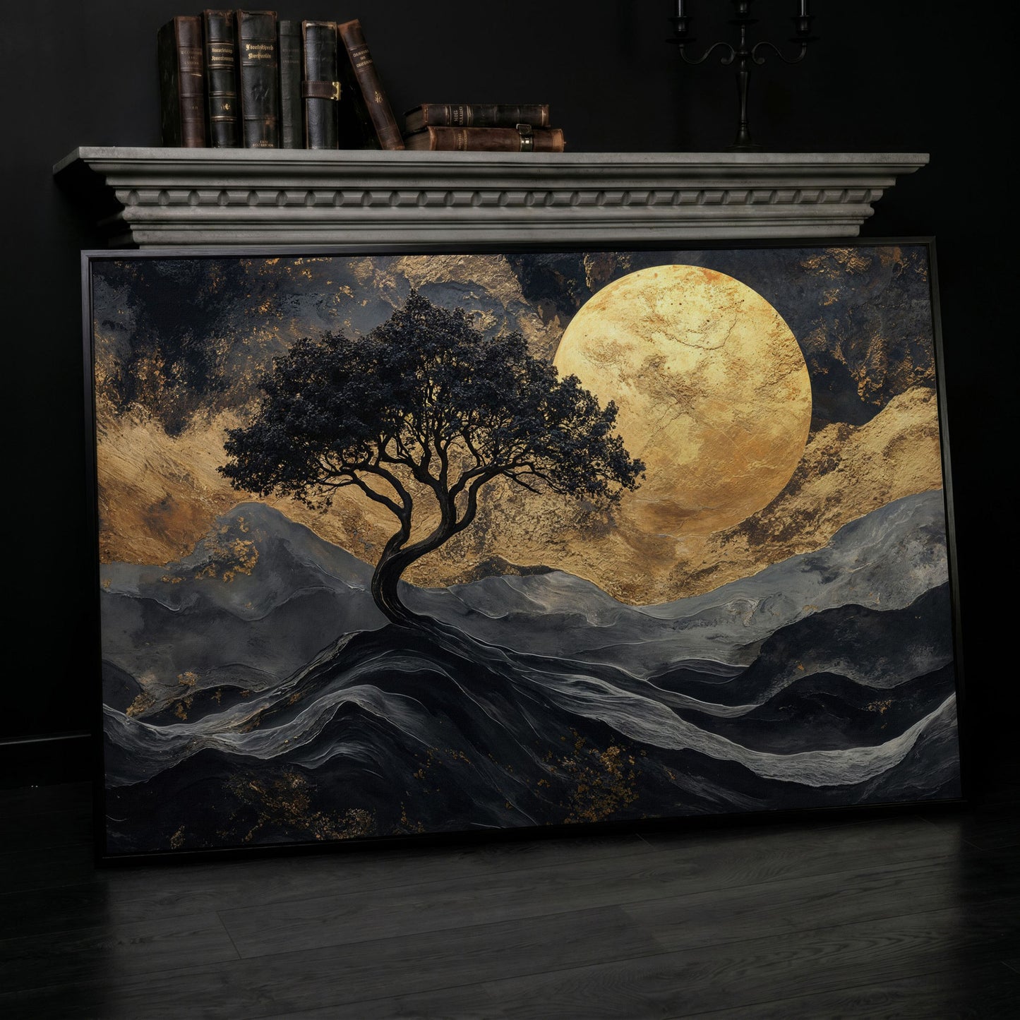 Black Tree Gold Moon Canvas Print in black floating frame