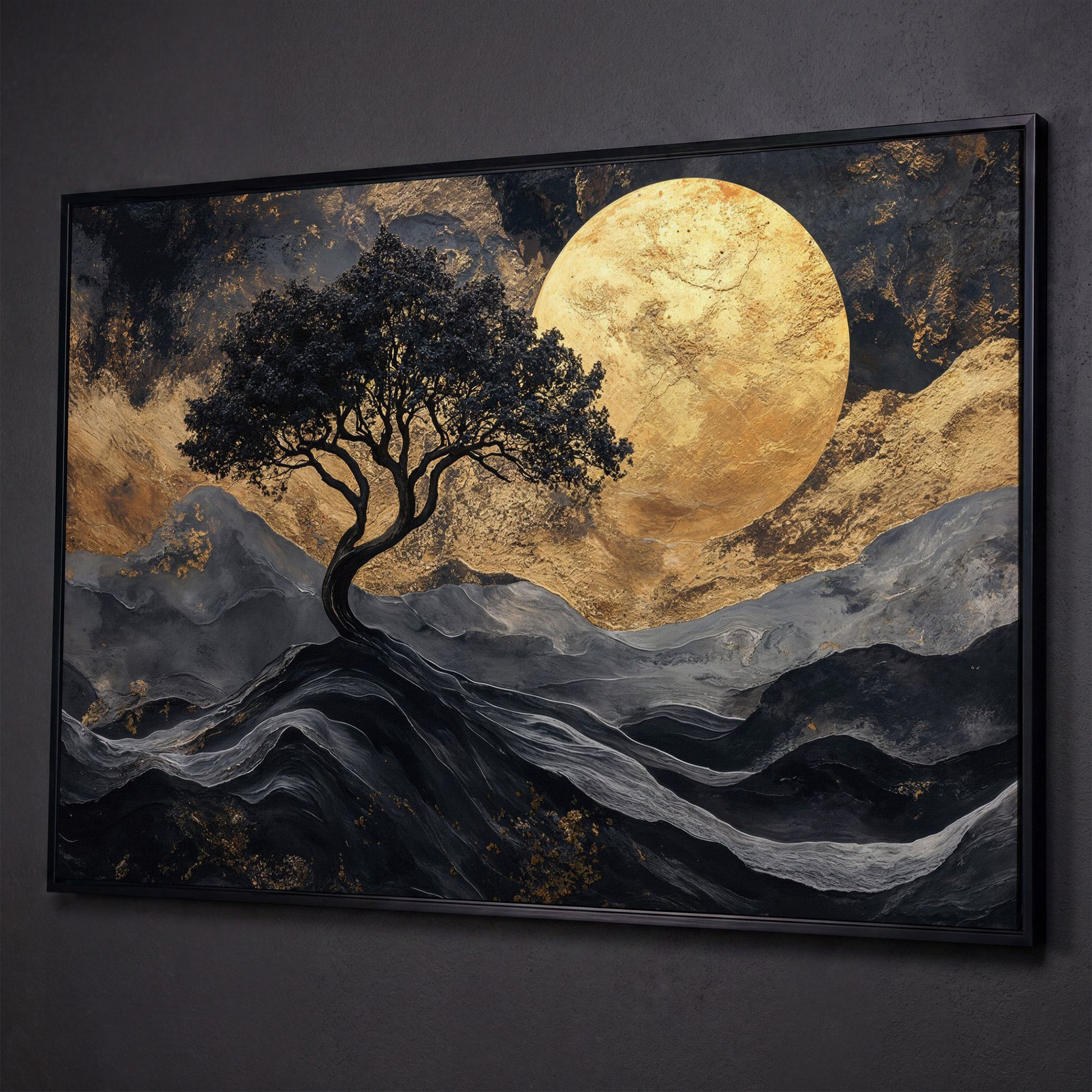 Black Tree Gold Moon Canvas Print shown in black floating frame