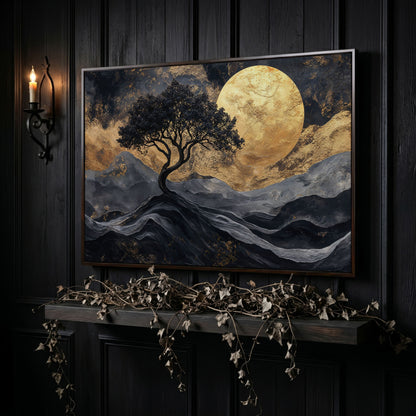 Black Tree Gold Moon Canvas Print in dark walnut floating frame