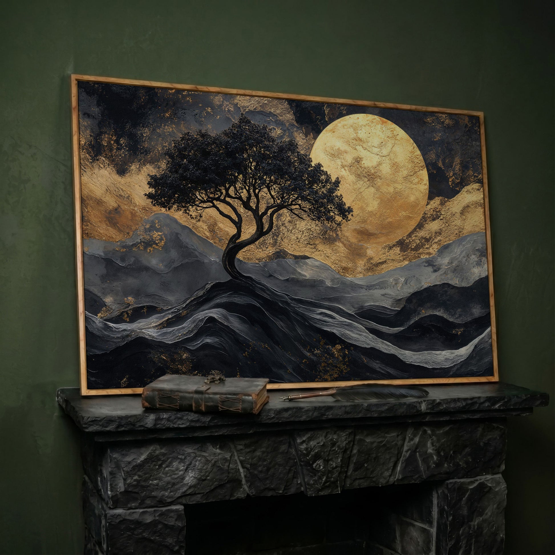 Black Tree Gold Moon Canvas Print in white oak floating frame