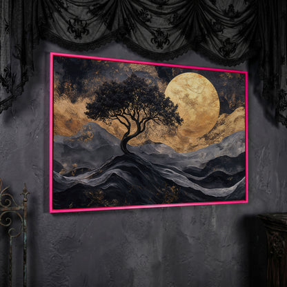 Black Tree Gold Moon Canvas Print in pink floating frame