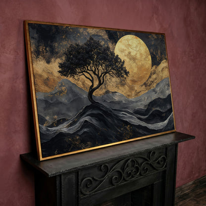 Black Tree Gold Moon Canvas Print in rose gold floating frame