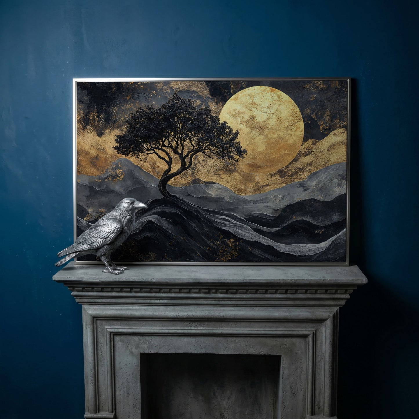 Black Tree Gold Moon Canvas Print in silver floating frame