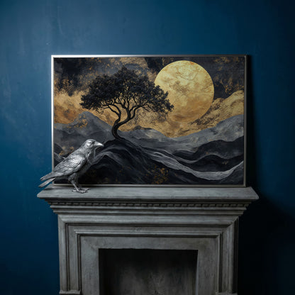 Black Tree Gold Moon Canvas Print in silver floating frame