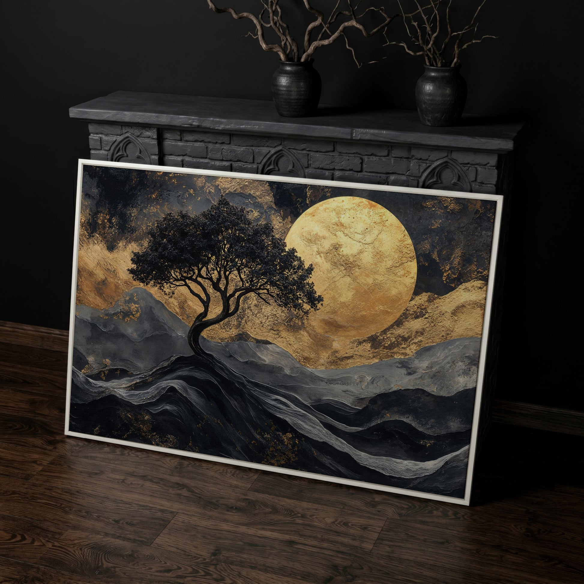 Black Tree Gold Moon Canvas Print in white floating frame