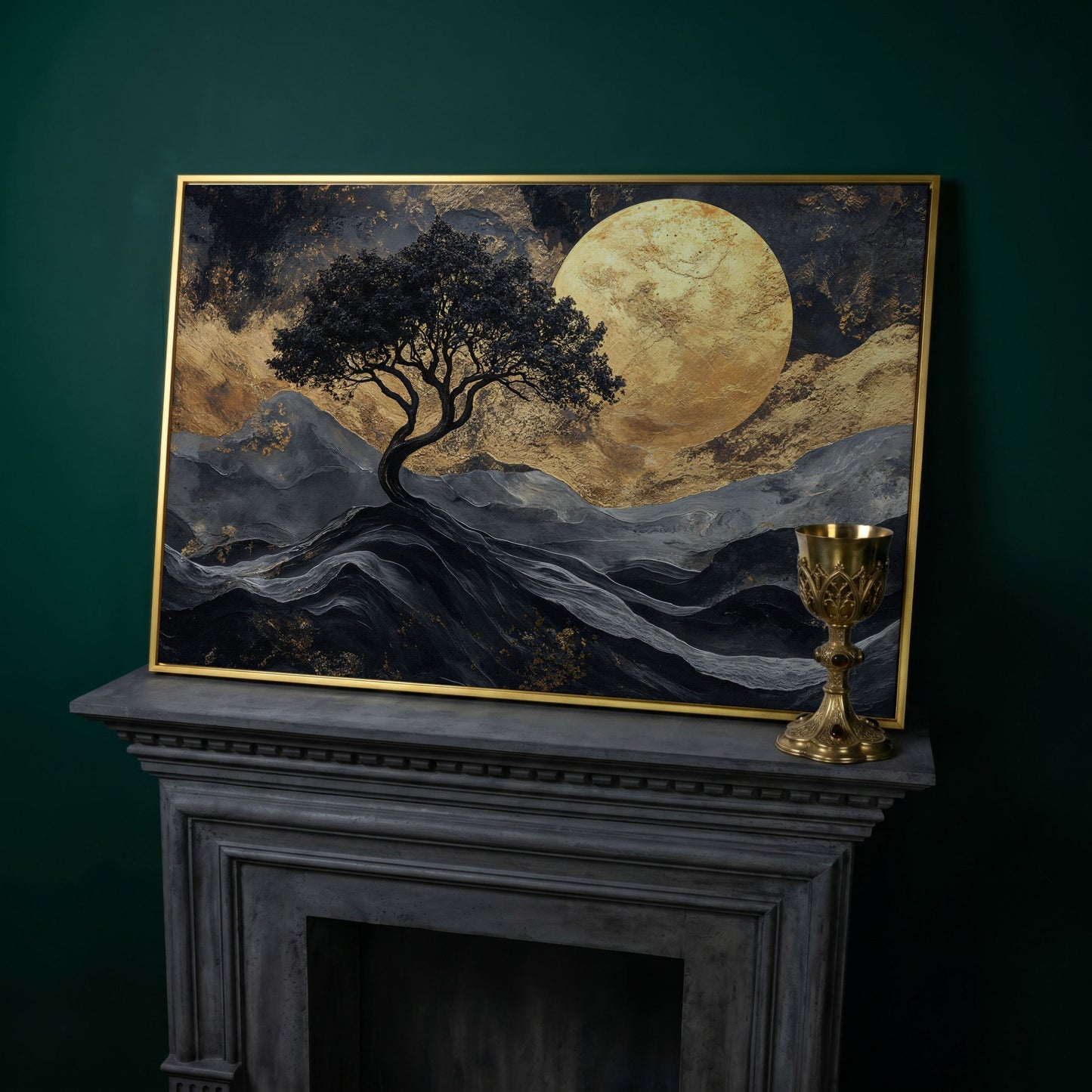 Black Tree Gold Moon Canvas Print in yellow gold floating frame
