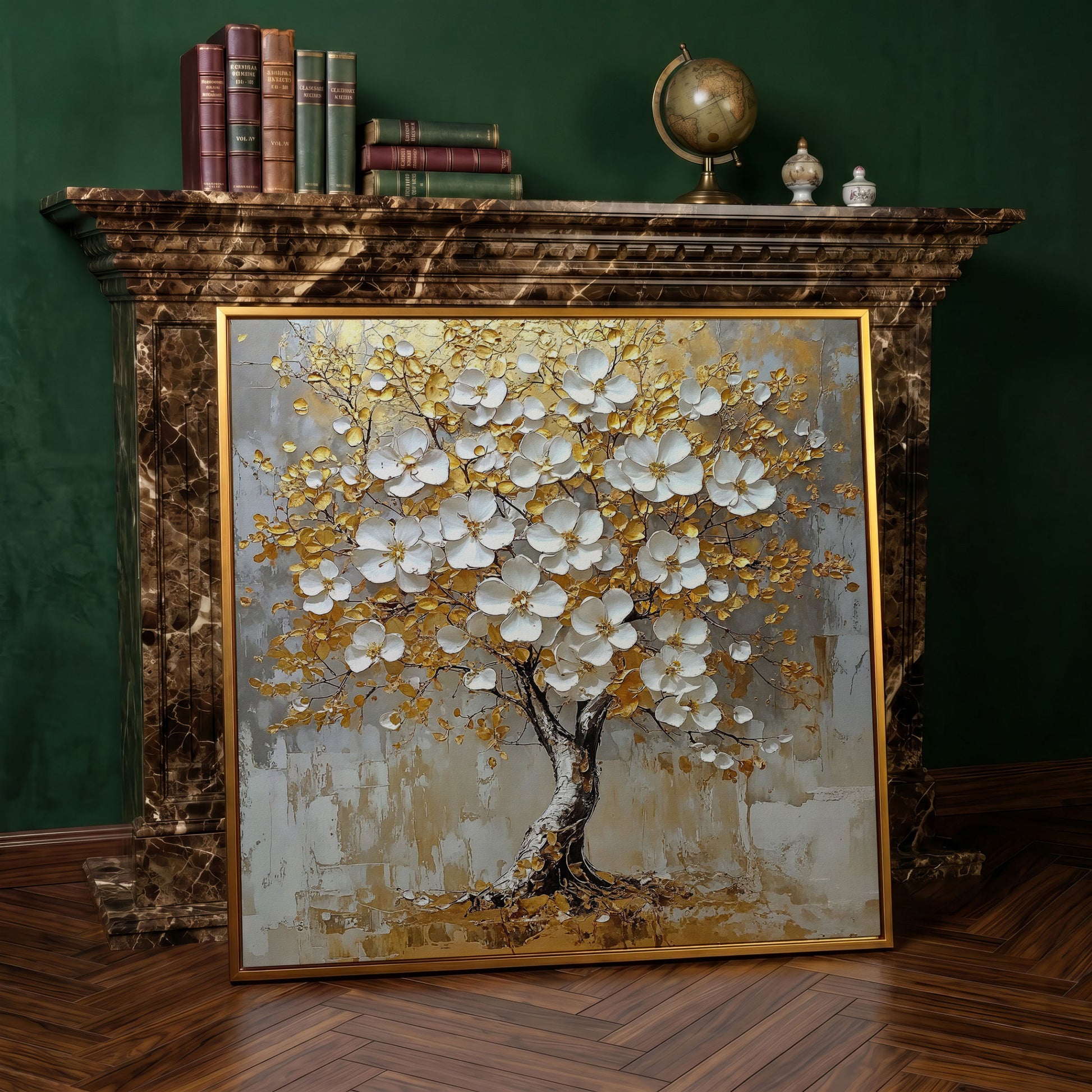 Golden Tree of Life Canvas with White Florals in antique gold floating frame