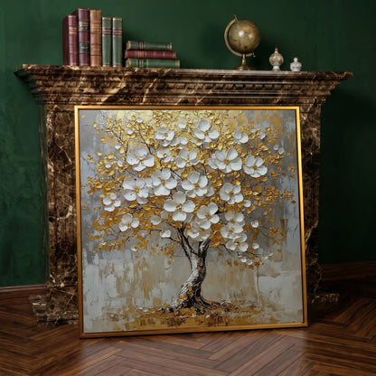 Golden Tree of Life Canvas with White Florals in antique gold floating frame