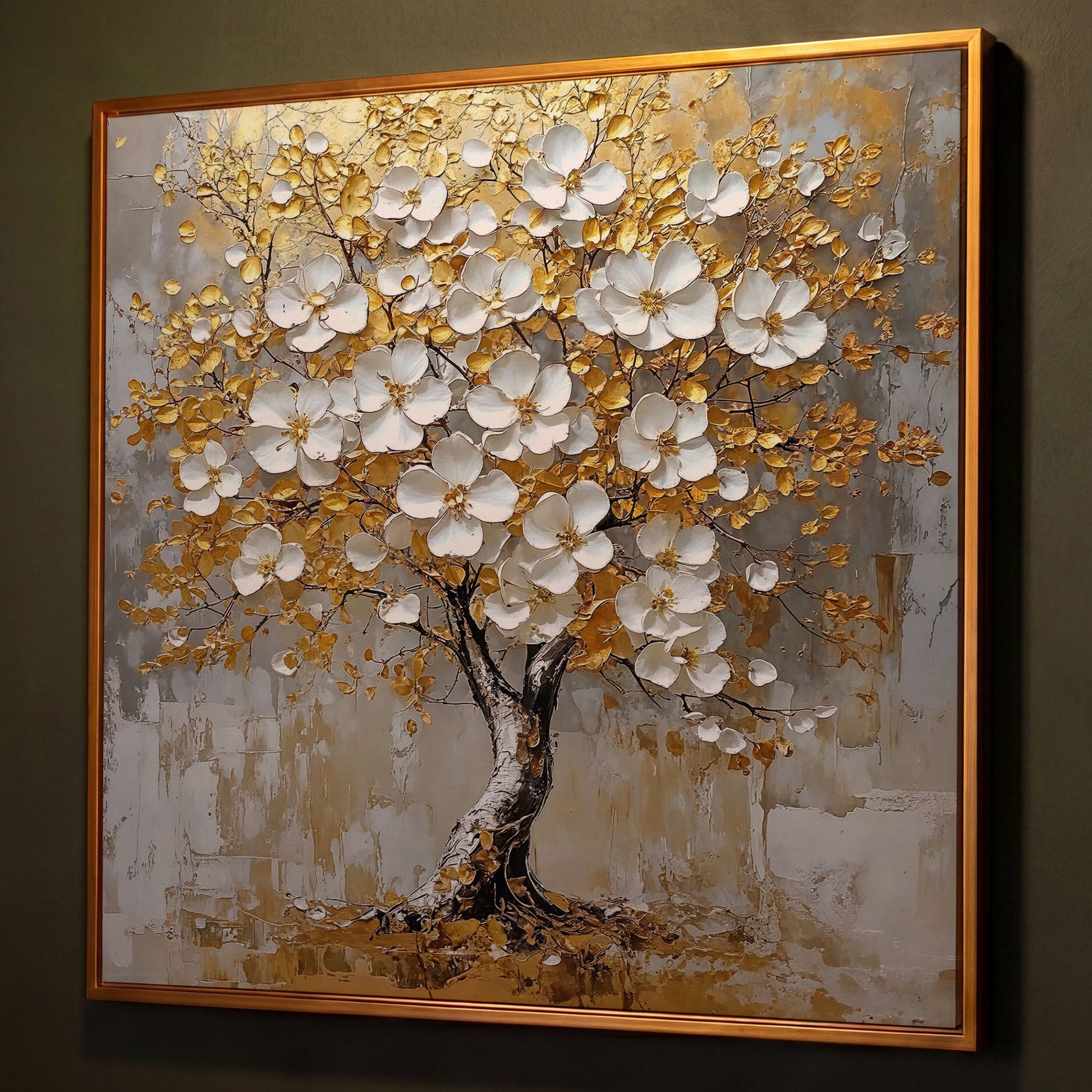 Golden Tree of Life Canvas with White Florals shown in antique gold floating frame