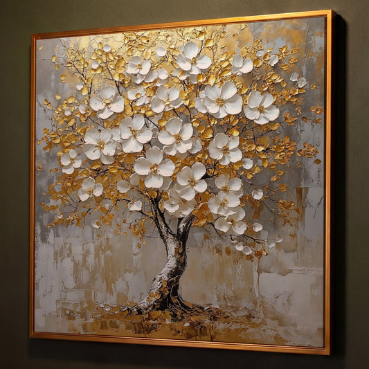 Golden Tree of Life Canvas with White Florals shown in antique gold floating frame
