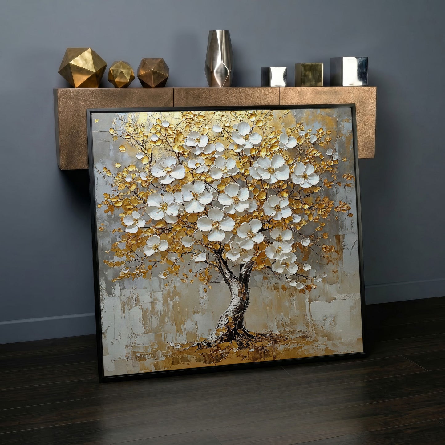 Golden Tree of Life Canvas with White Florals in black floating frame