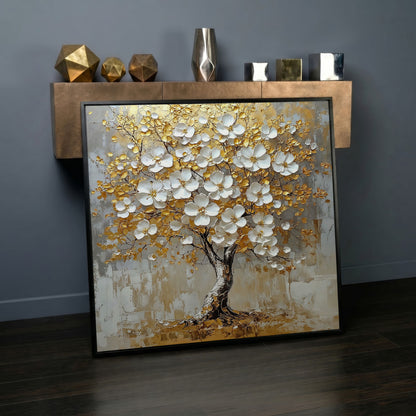 Golden Tree of Life Canvas with White Florals in black floating frame