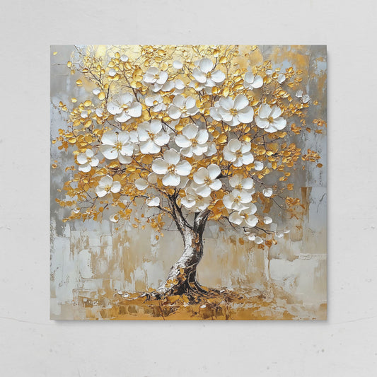 Golden Tree of Life Canvas with White Florals on gallery wrap