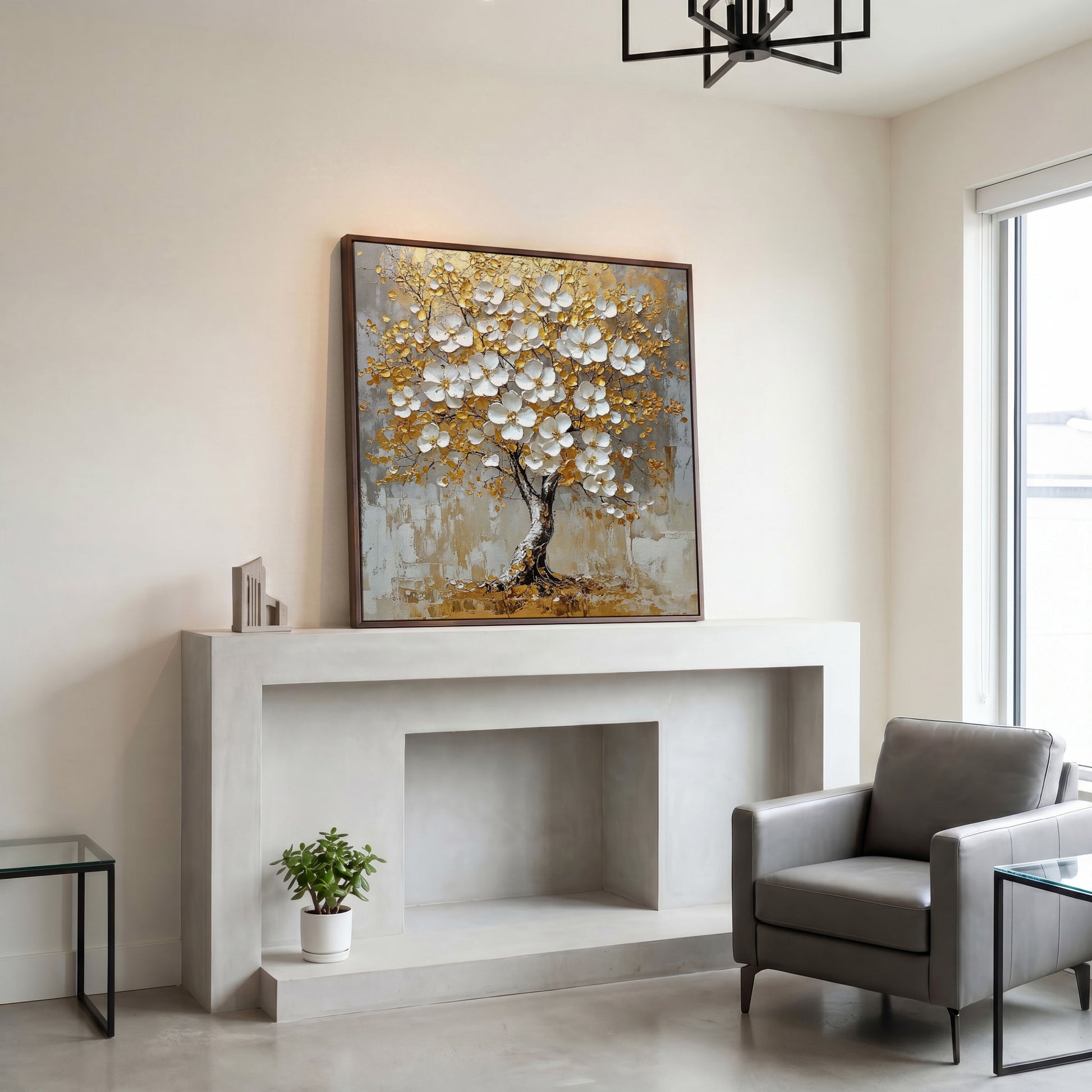 Golden Tree of Life Canvas with White Florals in dark walnut floating frame
