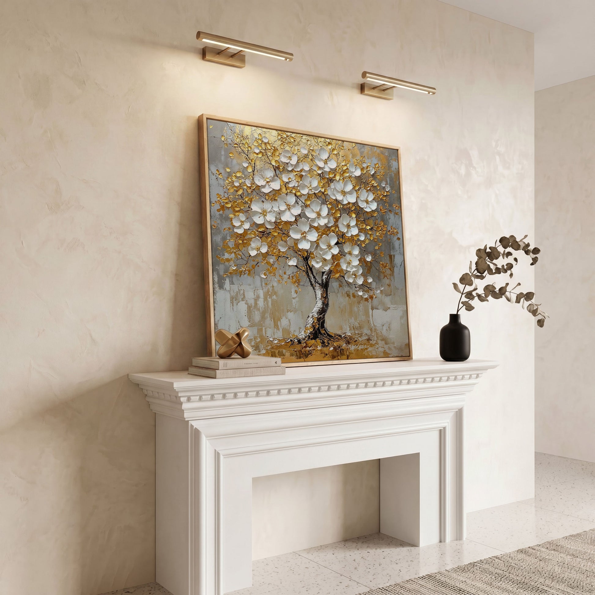 Golden Tree of Life Canvas with White Florals in white oak floating frame