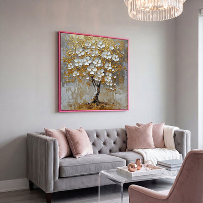 Golden Tree of Life Canvas with White Florals in pink floating frame