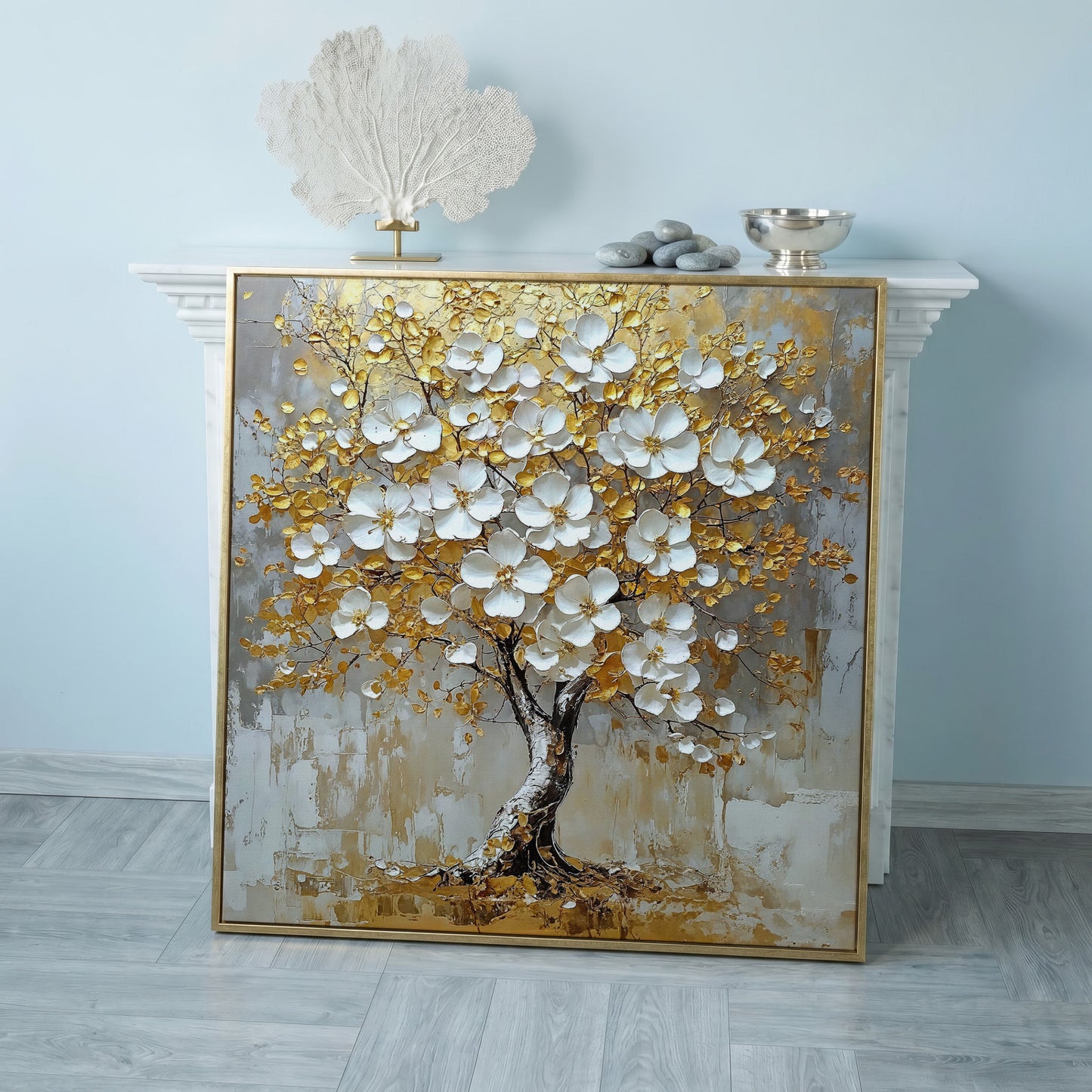 Golden Tree of Life Canvas with White Florals in rose gold floating frame