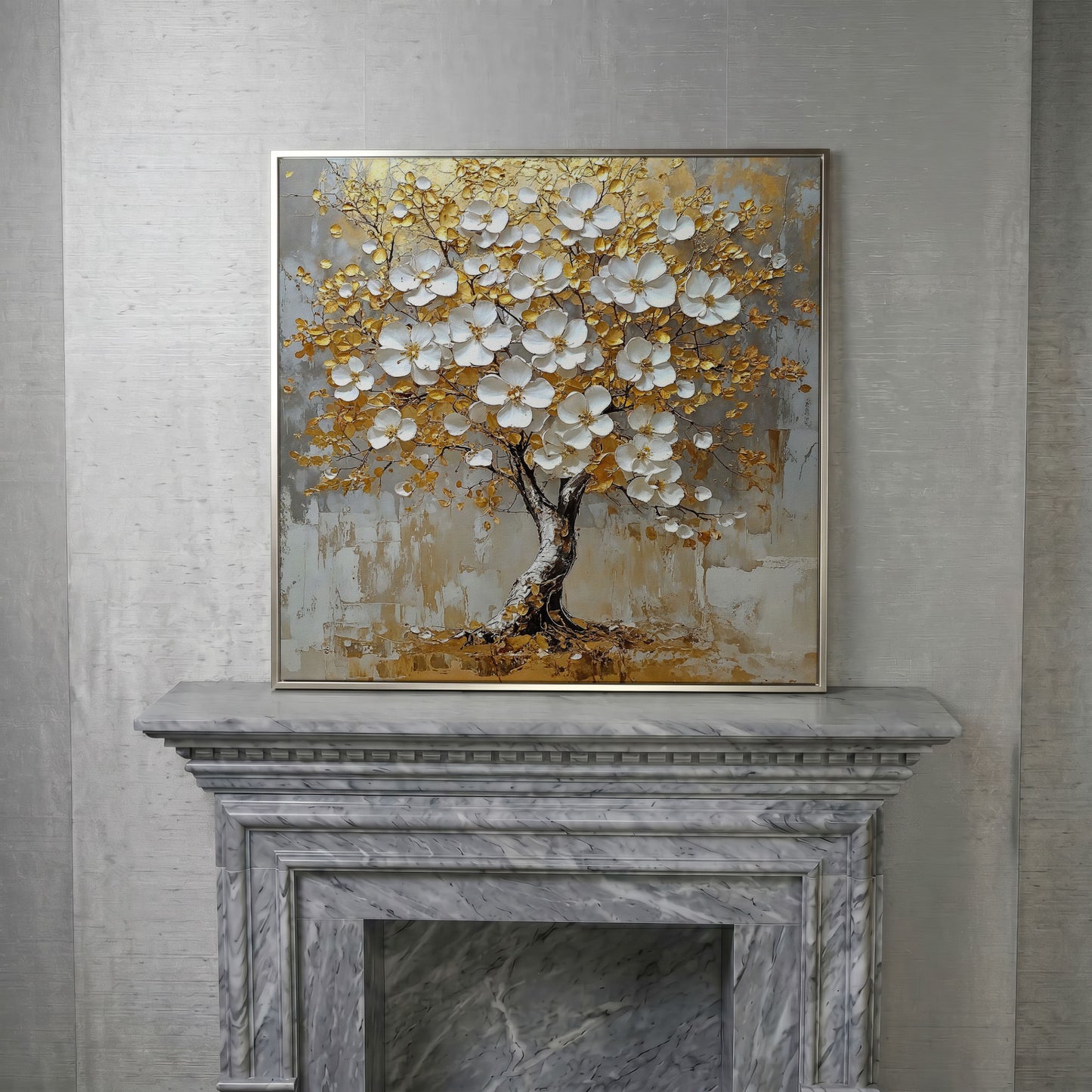 Golden Tree of Life Canvas with White Florals in silver floating frame