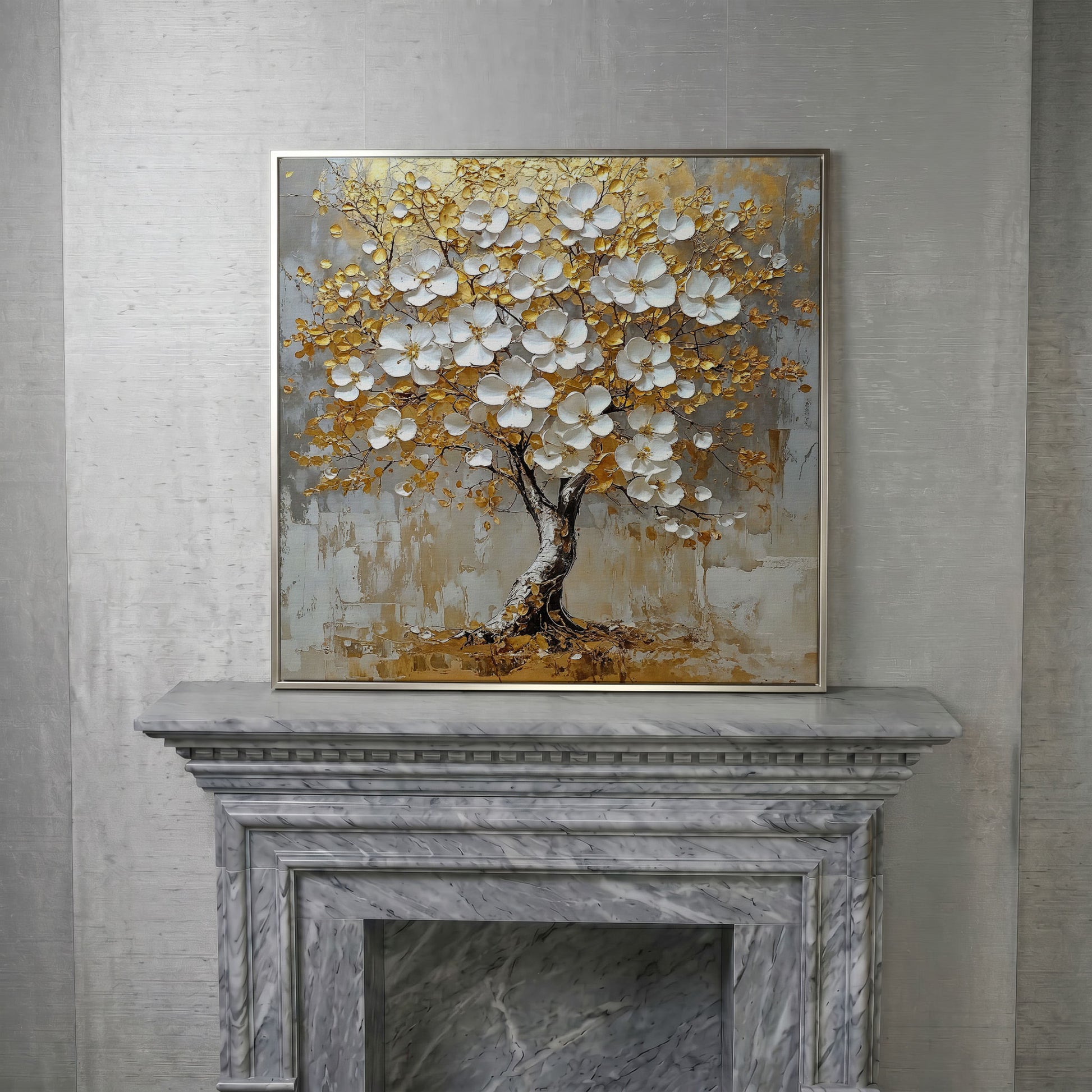 Golden Tree of Life Canvas with White Florals in silver floating frame