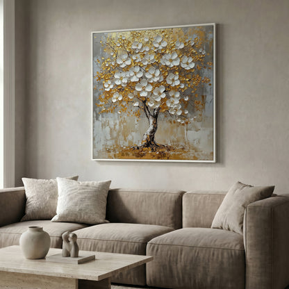 Golden Tree of Life Canvas with White Florals in white floating frame