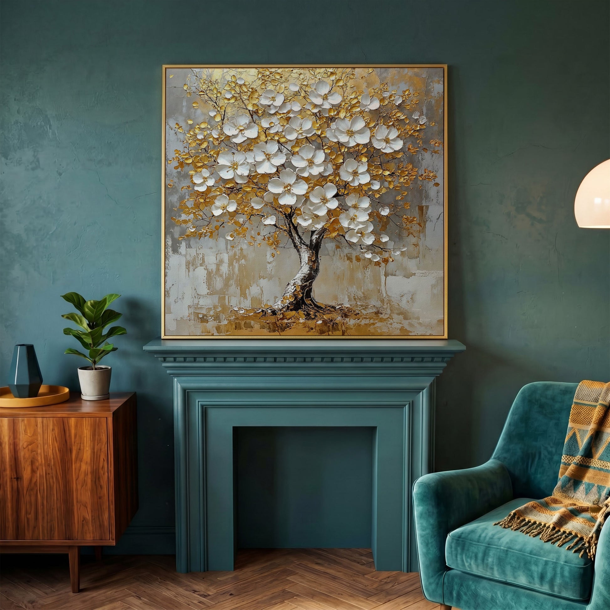 Golden Tree of Life Canvas with White Florals in yellow gold floating frame