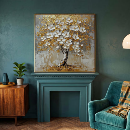 Golden Tree of Life Canvas with White Florals in yellow gold floating frame